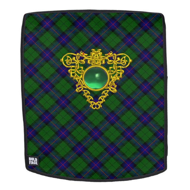 BLUE GREEN SCOTTISH TARTAN, GOLD CELTIC HEART BACKPACK (Removable Face)