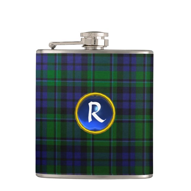 BLUE GREEN SCOTTISH TARTAN SAPPHIRE GEM MONOGRAM FLASK (Front)