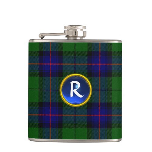 BLUE GREEN SCOTTISH TARTAN SAPPHIRE GEM MONOGRAM HIP FLASK