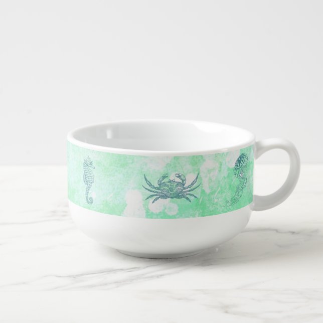 Blue Green Sea Creature Beachy Soup Mug (Left)