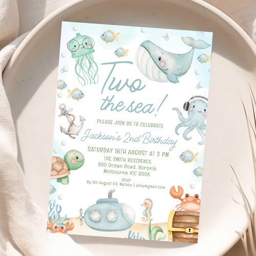 Blue Green Sea Creatures Two The Sea 2nd Birthday Invitation