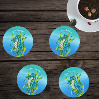Blue Green Sea Dragon Creature Horns Seaweed Blues Coaster Set