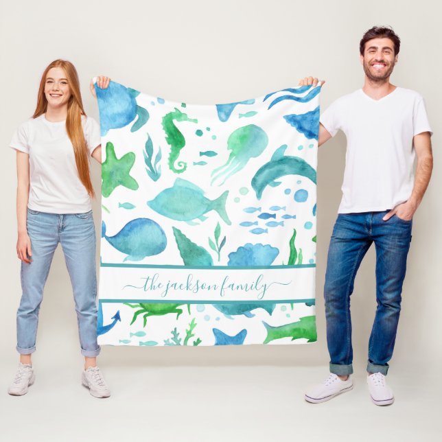 Blue green sea ocean fish dolphin white monogram fleece blanket (In Situ)