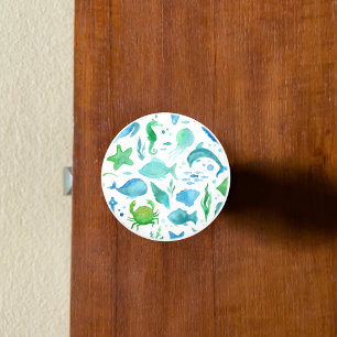 Blue green sea ocean fish dolphin white nautical ceramic knob