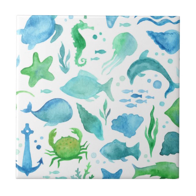 Blue green sea ocean fish dolphin white nautical ceramic tile (Front)
