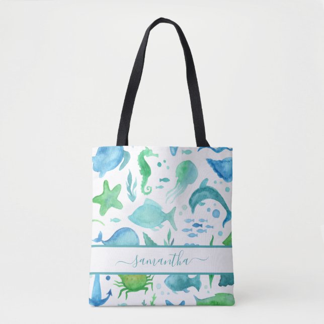 Blue green sea ocean fish dolphins elegant name tote bag (Front)