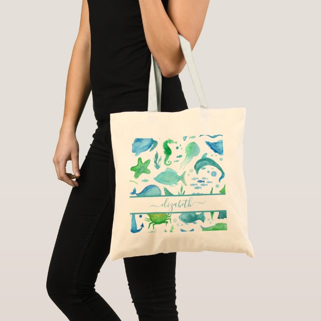 Blue green sea ocean fish dolphins name tote bag (Front (Product))