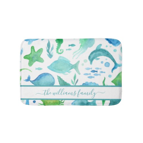 Blue green sea ocean fish dolphins white monogram bath mat