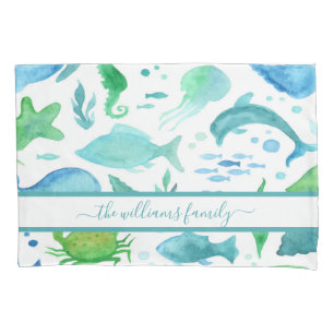Blue green sea ocean fish dolphins white monogram pillow case