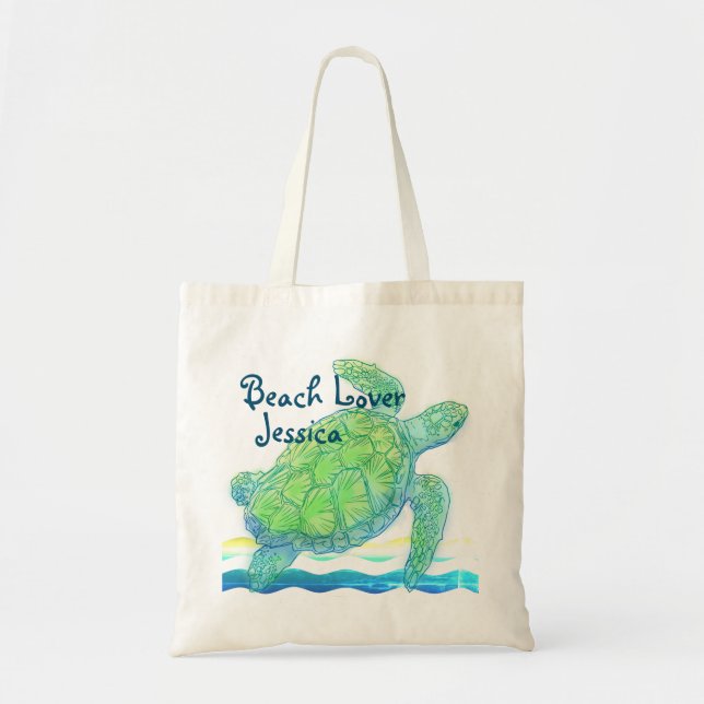 Blue & Green Sea Turtle Tote Bag (Front)