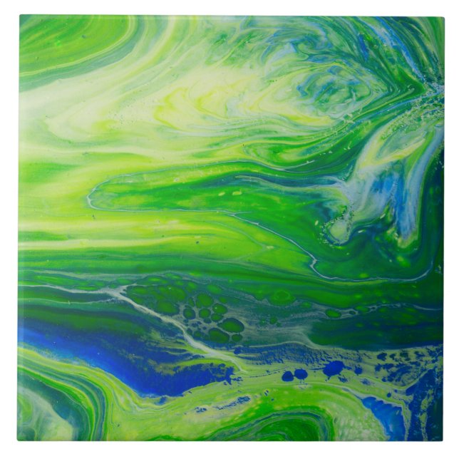 Blue Green Seascape Acrylic Pour Art Ceramic Tile (Front)