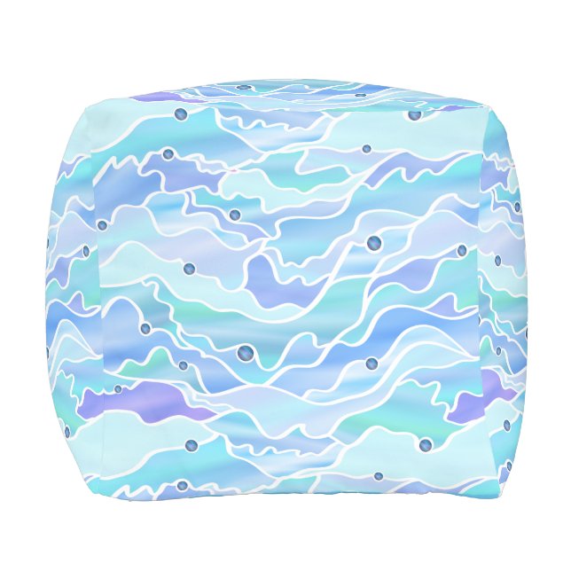 Blue Green Seascape Stained Glass Abstract Outdoor Pouf (Front)