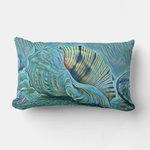 Blue green seashells on the beach painting lumbar pillow