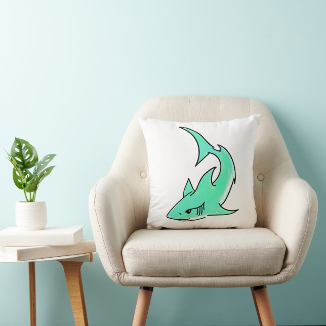 blue green shark cartoon ocean animal mint edgy  throw pillow (Chair)