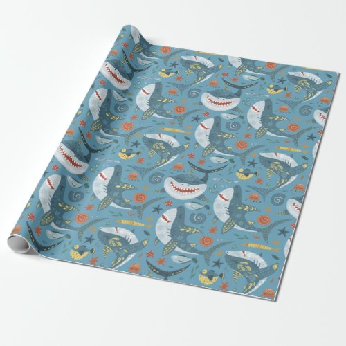 Blue Green Sharks Ocean Wrapping Paper