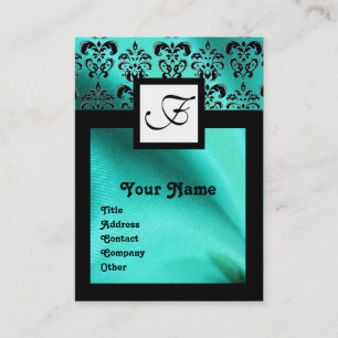 BLUE GREEN SILK DAMASK CLOTH ,SQUARE MONOGRAM BUSINESS CARD