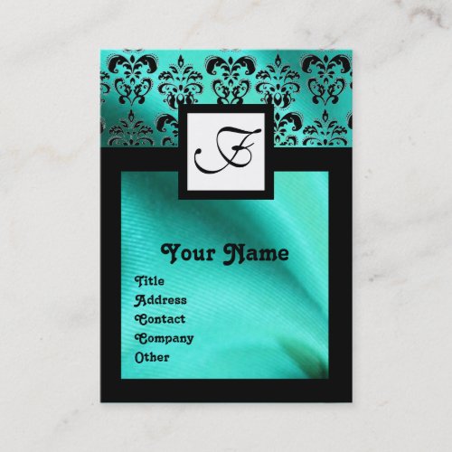 BLUE GREEN SILK DAMASK CLOTH SQUARE MONOGRAM BUSINESS CARD