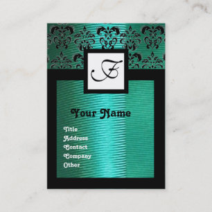 BLUE GREEN SILK DAMASK CLOTH ,SQUARE MONOGRAM BUSINESS CARD