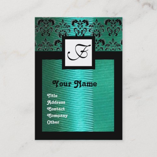 BLUE GREEN SILK DAMASK CLOTH SQUARE MONOGRAM BUSINESS CARD