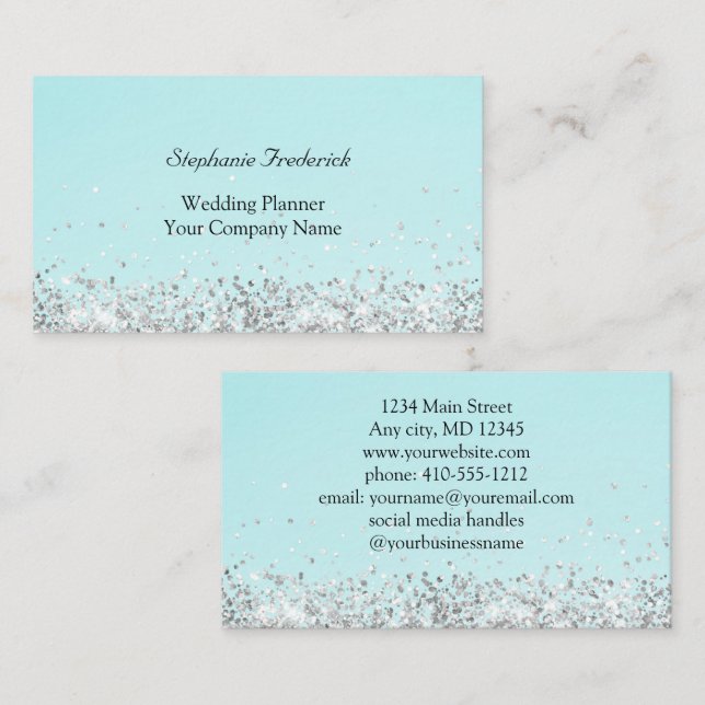 Blue Green Silver Glitter Feminine Small Business Business Card (Front/Back)