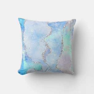 Blue Green Silver Glitter Marble Swirl Agate Throw Pillow