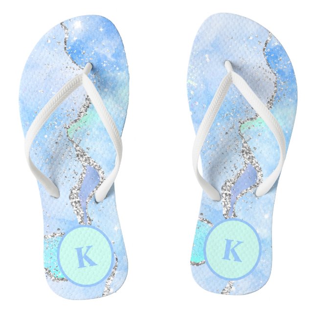 Blue Green Silver Glitter Marble Swirl Monogram Flip Flops (Footbed)