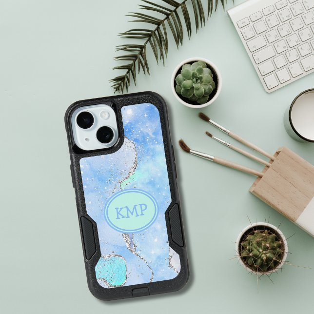 Blue Green Silver Glitter Monogram Swirl Otterbox iPhone 15 Case (Blue green silver glitter marble swirl monogrammed Otterbox durable iPhone 15 14 13 12 11 case)