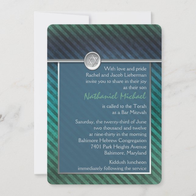 Blue, Green, Silver Striped Bar Mitzvah Invitation (Front)