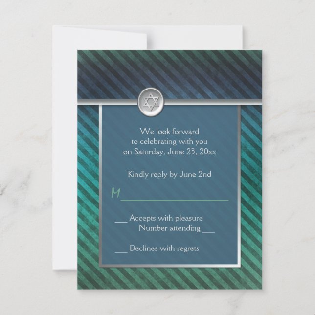 Blue, Green, Silver Striped Bar Mitzvah RSVP Card (Front)