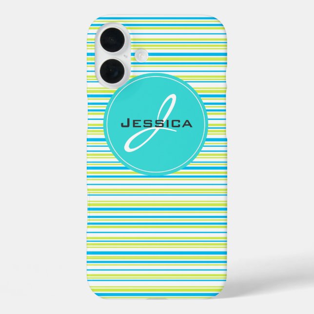 Blue green simple elegant Stripes Monogram Name Case-Mate iPhone Case (Back)