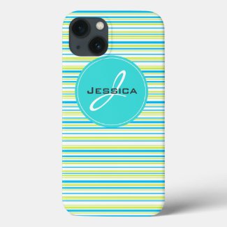 Blue green simple elegant Stripes Monogram Name