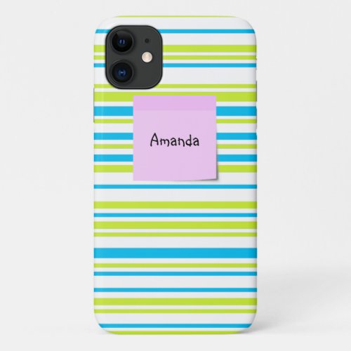 Blue Green simple Stripes pattern Pink sticky note iPhone 11 Case