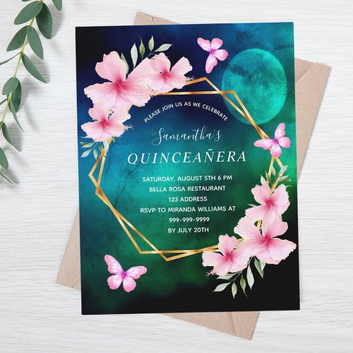 Blue green sky moon pink florals Quinceanera Postcard