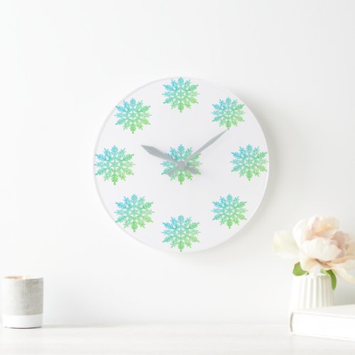 Blue Green Snowflake Round Clock