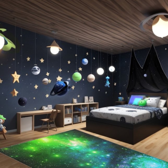 Blue Green Space Rug - Galaxy Carpet Area Rug (Green Astronaut Space Nerd Outer Space Area Rug Carpet. Space Geek Astronomer Bedroom Interior)