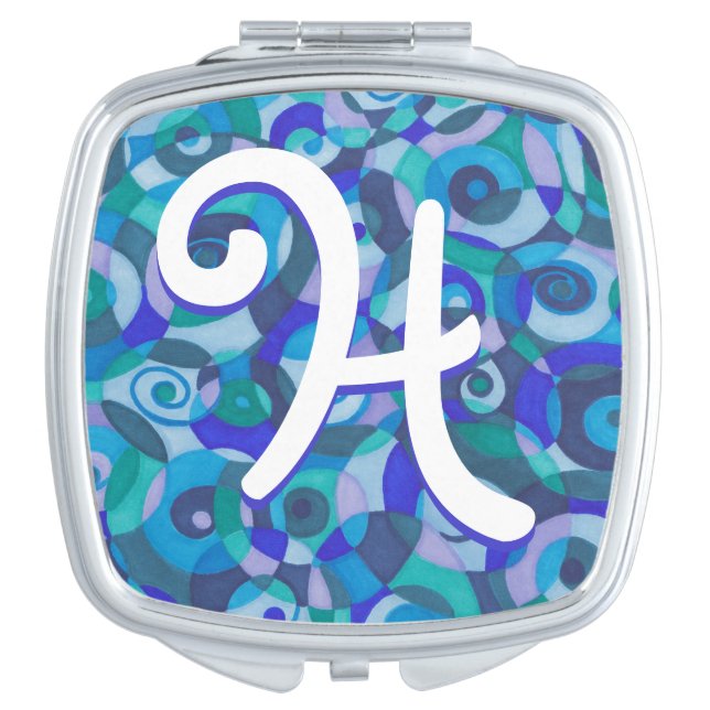 Blue Green Spirals Monogram Compact Mirror (Front)