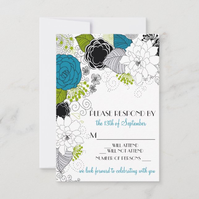 Blue Green Spring Flowers Wedding RSVP Invitation (Front)