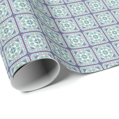 BlueGreen Square Pattern Hmong Wrapping Paper