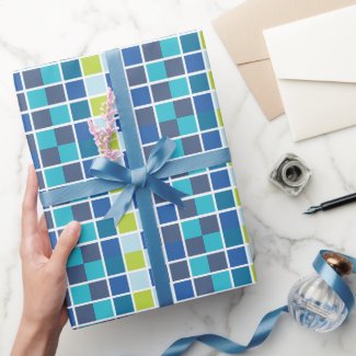 Blue Green Squares Checkered Birthday Wrapping Paper