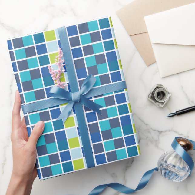 Blue Green Squares Checkered Birthday Wrapping Paper (Gifting)