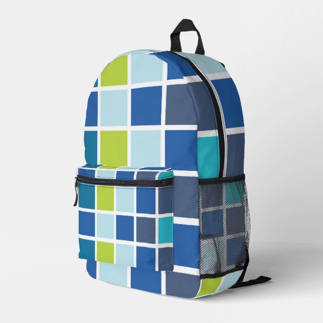 Blue Green Squares Checkered  Printed Backpack (Back Corner Right)