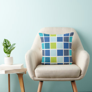 Blue Green Squares Checkered Throw Pillow