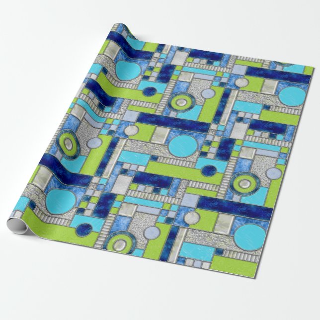 Blue Green Stained Glass Wrapping Paper (Unrolled)
