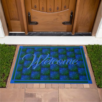 Blue Green Starburst Pattern Welcome Doormat by anuradesignstudio at Zazzle
