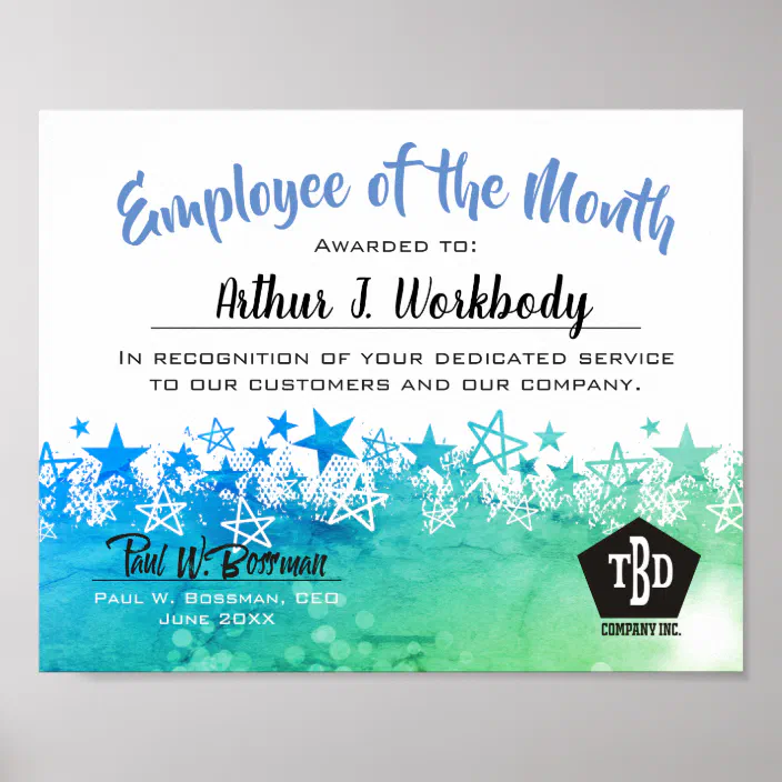 Blue Green Stars Employee Of The Month Certificate Poster Zazzle Com