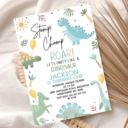 Blue Green Stomp Chomp Party Dinosaur 1st Birthday Invitation