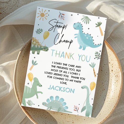 Blue Green Stomp Chomp Party Dinosaur 1st Birthday Thank You Card