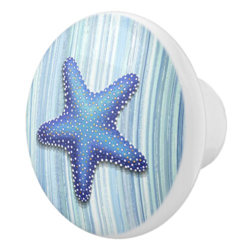 Blue Green Striped Beach Seashell Starfish Design Ceramic Knob