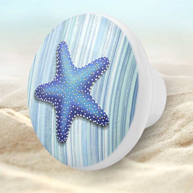 Blue Green Striped Beach Seashell Starfish Design Ceramic Knob (Creator Uploaded)