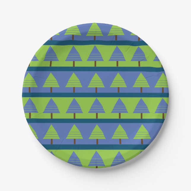 Blue Green Stripes Christmas Tree Paper Plates (Front)